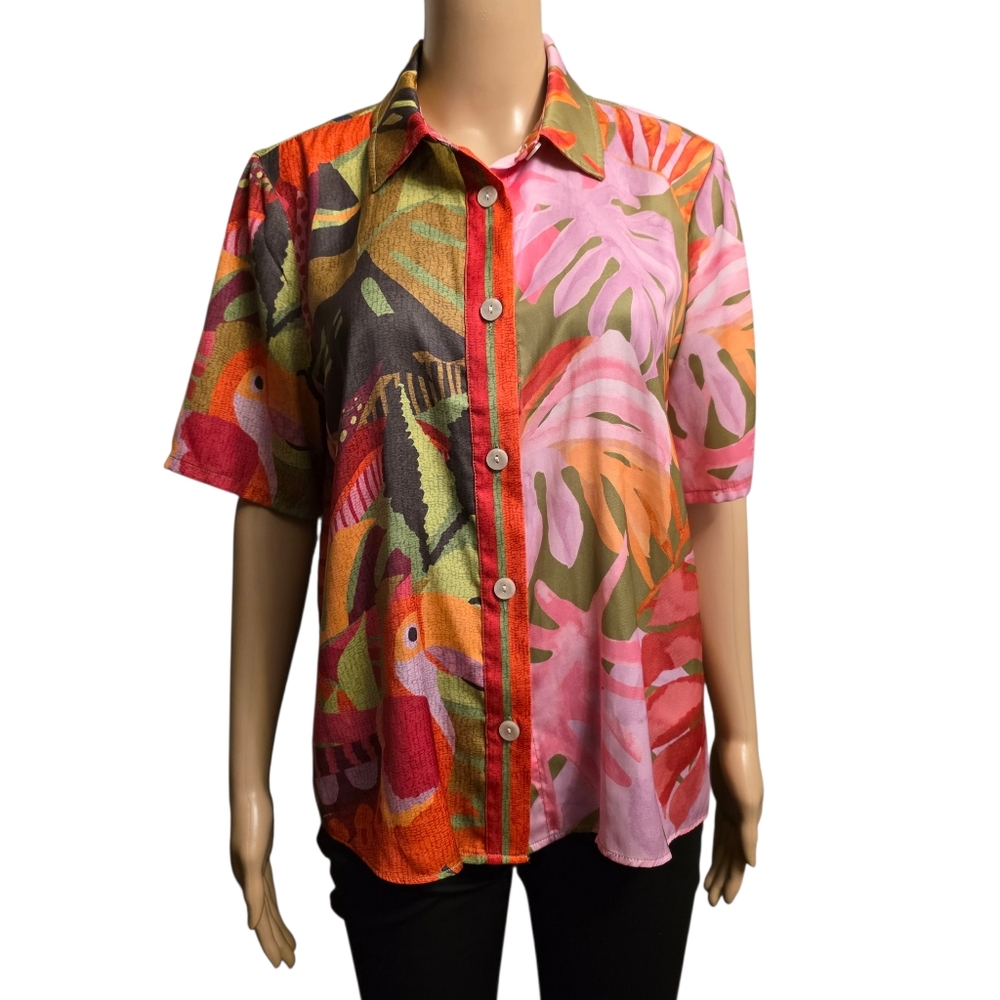 Rachel Zoe Colorful Tropical Button-Up Short Sleeve Blouse Size M